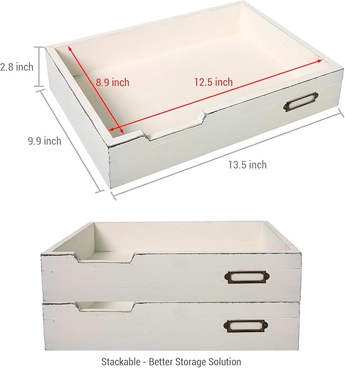 MyGift Rustic Wood Desktop Drawer-Style Stackable Document Letter Tray Organizer Storage Box with Handles for Home Office Supplies (Vintage White)