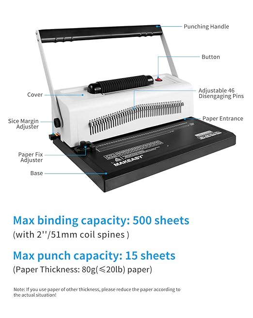 MAKEASY Spiral Coil Binding Machine with 46 Fully Disengaging Pins - Electric Coil Inserter - Adjustable Side Margin, Comes with Free 1 Box Coil Spines & Plier, 20 Sheet Punch Capacity
