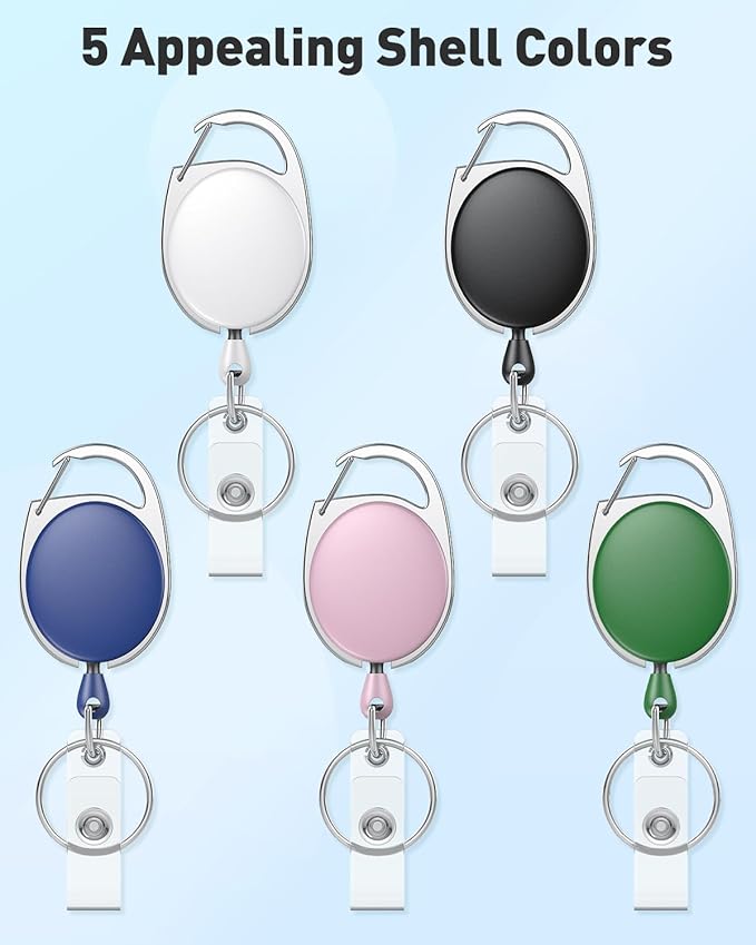 Uniclife 10 Pack Retractable Badge Reel for Badge Holder Heavy Duty Retractable Keychain Strong Colorful ABS Casing with Stainless Steel Spring Coil 24 inch Nylon Rope Carabiner and Key Ring, 5 Colors
