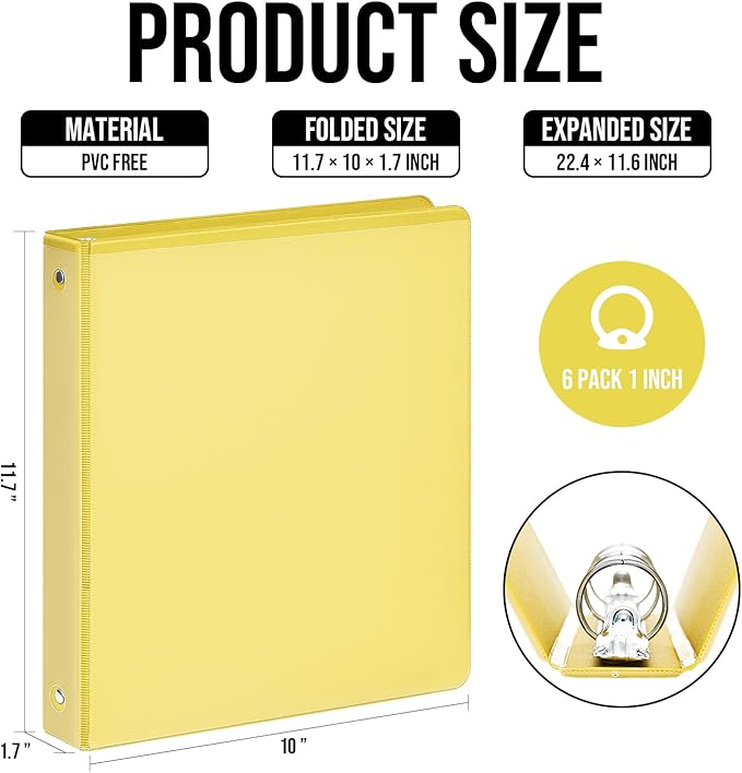 3 Ring Binder 1 Inch, IntoJoy 6 Pack Clear View 3 Hole Binder PVC-Free Fits 8.5x11 Inch Paper Flexible Round Ring Binders for School Office Home Binder Supplies (Yellow)