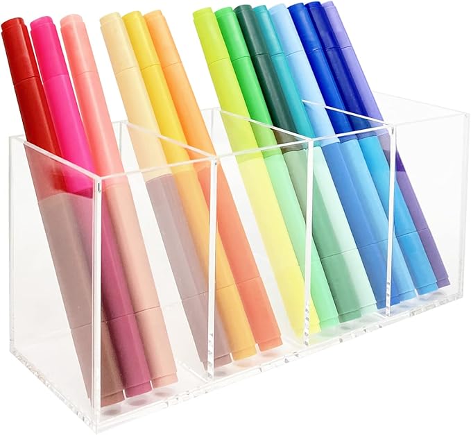 Acrylic Pen Holder 4 Compartments Clear Pencil Holder Organizer Makeup Brush Holder