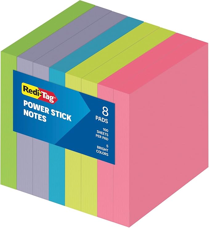 Redi-Tag Sticky Notes, Power Stick Notes, Adhesive Reminders, 3" x 3" Reusable Notes, Strong Adhesive Memos, Assorted Bright Colors, 8 Pack (1000975)