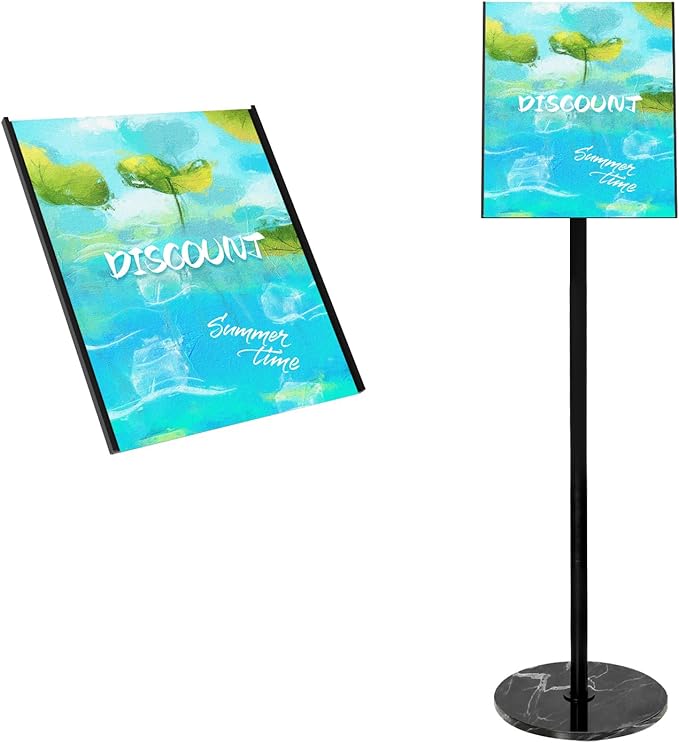 Adjustable Sign Holder 11 x 17, Floor Standing Sign Holder with Heavy Duty Marble Pedestal, Both Vertical & Horizontal View Sign Displayed Poster Stand for Store Business Show（Round）