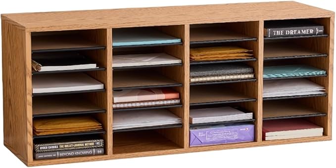 Safco Wooden Paper and Mail Organizer for Home Office and Classroom, Adjustable Shelves and Stackable, 32 Compartments with Drawers, Medium Oak