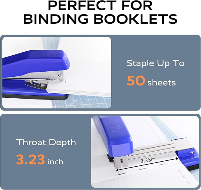 Desktop Stapler, Swing-Arm Swivel Stapler, 50 Sheet Capacity, 2000 Staples and Staple Remover, Rotatable Heavy Duty Staplers for Office, Home, Classroom, Booklet, Book Binding, Blue