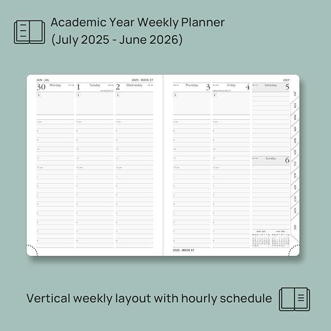 POPRUN Planner 2025-2026, (Medium 6.5'' x 8.5'' Hard Cover) Academic Calendar (July 25-June 26) Daily Weekly and Monthly Appointment Book with Hourly Time Slots, Monthly Tabs, 100 GSM - Light Yellow