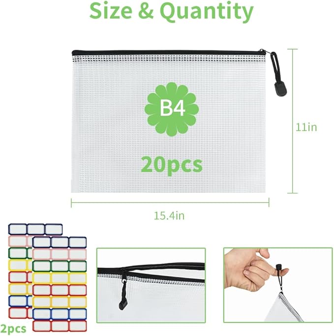 20 PCS B4-15.4×11Inch Plastic Mesh Zip File Bags, Waterproof Tear-Resistant Document File Folders, Zipper Documents Pouch Document Organizer Bags for School Office Home Travel Storage
