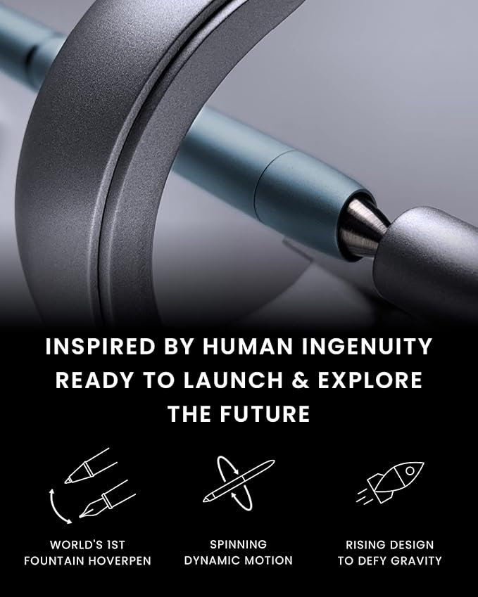 novium Hoverpen Future Edition - Luxury Fountain Pen & Rollerball Pen All-In Gift Box, Fine Nib, Futuristic Aesthetic, Aerospace Metal Made, Free Spinning Executive Pen, Mens Gifts Ideas (Mist Blue)