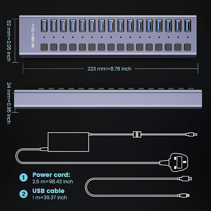 90W Powered USB Hub - ACASIS 16 Ports USB 3.0 Data Port, Aluminum Housing, Individual On/Off Switches, 12V/7.5A Power Adapter, USB Splitter for Laptop, PC, Computer, Printer