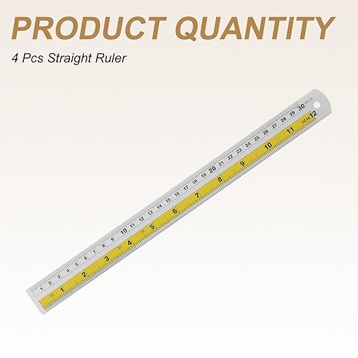 HARFINGTON 4pcs Metal Straight Ruler 30cm Metric SAE Aluminum Alloy Measuring Rulers Scale Tool with Hole for Measure Study Reading Classroom Office, Yellow