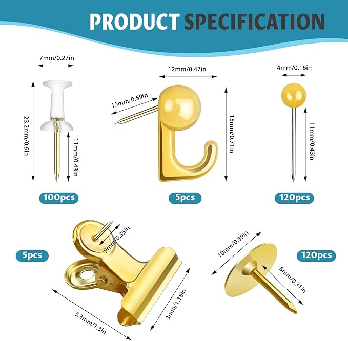 350 Pcs Gold Push Pins Set 5 Styles Decorative Thumb Tacks Assorted Push Pins for Bulletin Board, Cork Board