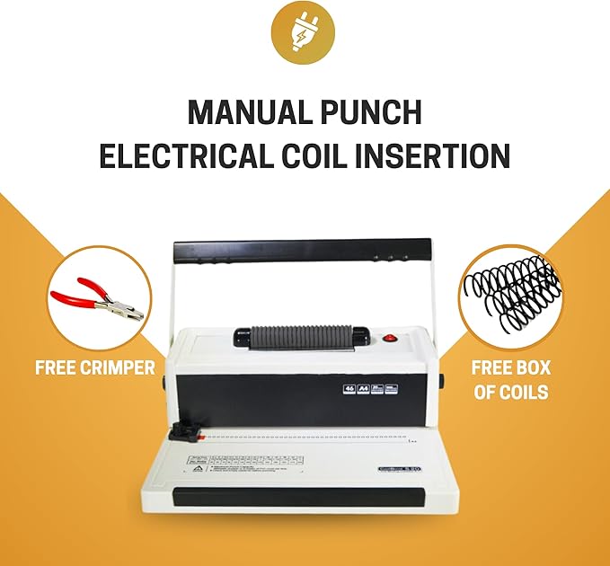Coilbind S20 Spiral Coil Binding Machine for Office – Heavy Duty Hole Punch Electric Coil Inserter – Adjustable Margins – Clean Binding - Free Crimper Tool & 100 Coils – 4:1 Pitch – 20 Sheet Capacity