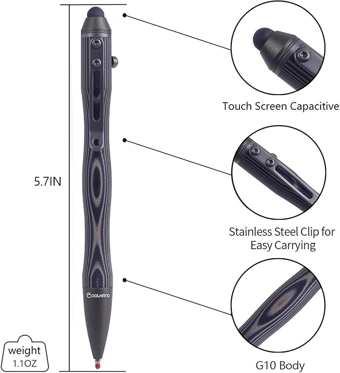 Cool Hand 5.7'' Bolt Action Pens, EDC Ballpoint Ink Refillable, Stylus for Touch Screen, G10 Body w/Pocket Clip, Ergonomic Grip, with a Free Refill, 5375-B