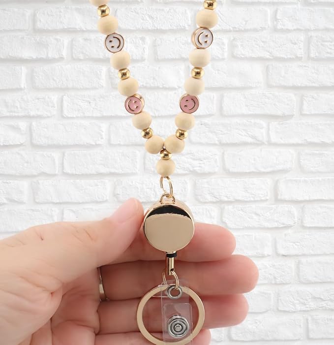 Smile Teacher Lanyard for Women with Retractable ID Badge Reel and Keychain Cute Happy Beads Lanyard
