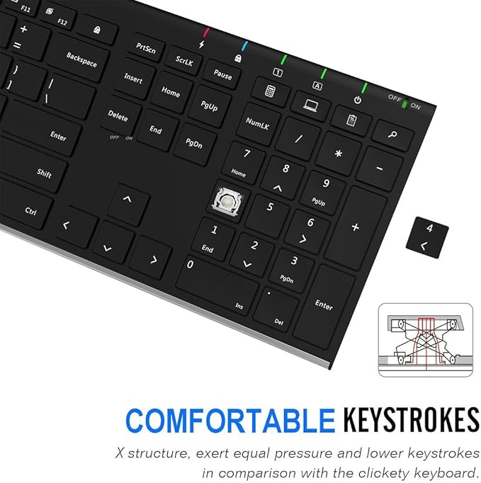 Arteck 2.4G Wireless Keyboard Stainless Steel Ultra Slim Full Size Keyboard with Numeric Keypad for Computer/Desktop/PC/Laptop/Surface/Smart TV and Windows 10/8/ 7 Built in Rechargeable Battery