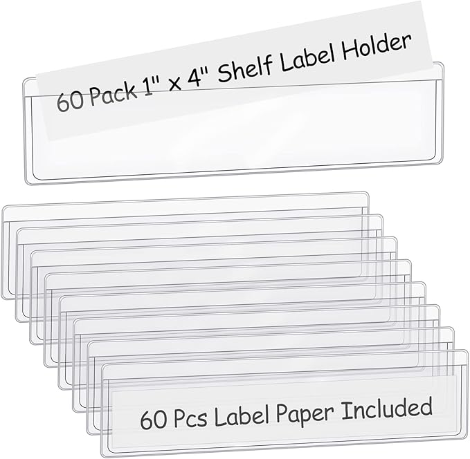 60 Pack 1.2" x 4.3" Self Adhesive Label Holders with 60Pcs Paper Label Inserts, Shelf Tag Label Holder Clear Pockets for Bookshelf Mailbox Shelves Storage Bins