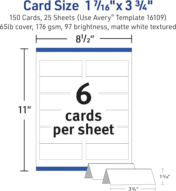 Avery Printable Place Cards with Sure Feed Technology, 1-7/16" x 3-3/4", Textured White, 150 Blank Tent Cards for Laser or Inkjet Printers (16109)