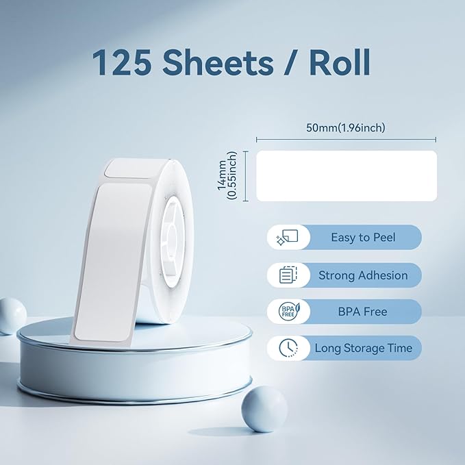 NIIMBOT Thermal Transfer Labels 0.55''x1.97'', Only for B18 Label Maker, PET Material, Waterproof and High-Temperature Resistance, Long Storage Time, White(14x50mm-125)