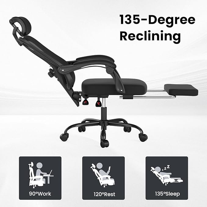 Farini Ergonomic Office Chair with Footrest, Mesh Office Desk Chair with Headrest, High Back Computer Chair with Adjustable Lumbar Support.for Home Office Study Room Bedroom (Black)