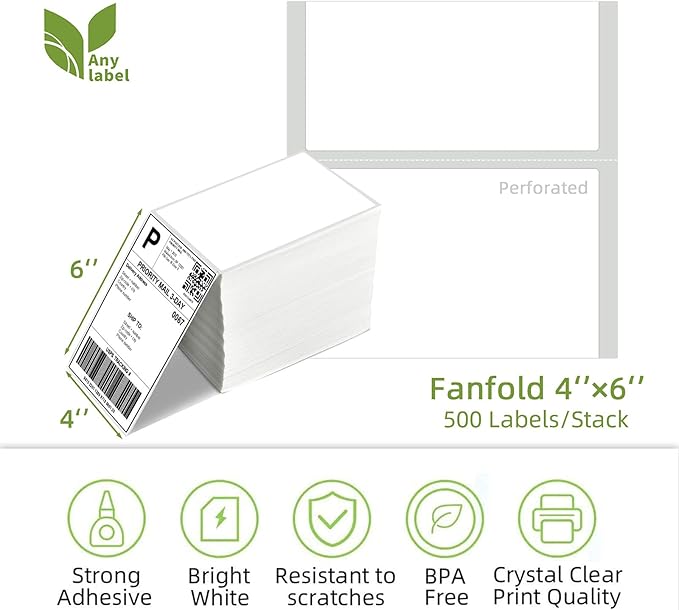 4" x 6" Fanfold Direct Thermal Labels for White Mailing Address Postage Shipping Commercial Grade Compatible with Zebra & Rollo & MUNBYN Label Printer (4 Stacks, 2000 Labels)