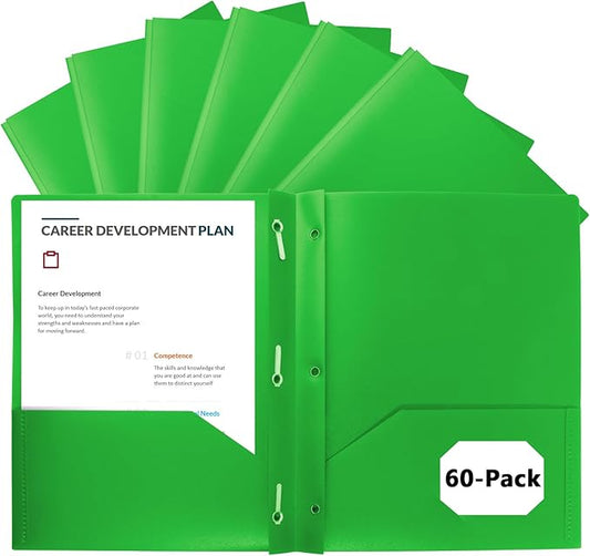 60-Pack Plastic Folders with Pockets and Prongs,2-Pocket Folders with 3 Fasteners, Poly Folders Holds 8-1/2" x 11" Paper for School/Office/Home, Green