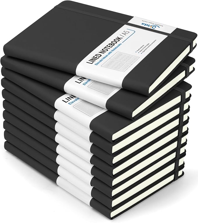 Hardcover Journal Notebooks, 10 Packs A5 Lined Journals Bulk for Writing 200 Pages/100Sheets, 8.4 x 5.8 inch, Classic Ruled Notebook for Work/Travel/College/Note Taking(Black)
