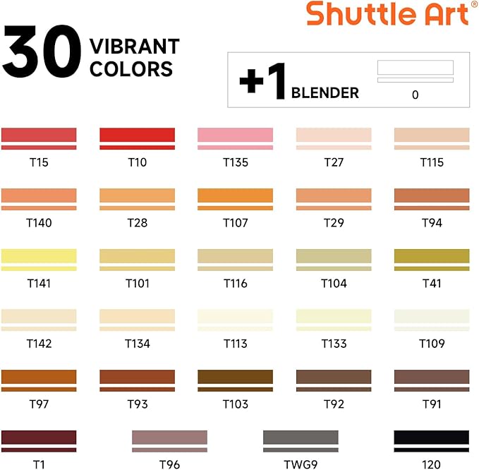 Shuttle Art 30 Colors Skin Tone&Hair Art Markers, Dual Tip Alcohol Based Flesh Color Marker Pen Set Contains 1 Blender Perfect for Kids & Adults Portrait,Comic, Anime, Manga, Illustration