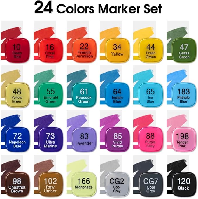 TRANSON Alcohol Markers for Drawing Coloring 24 Colors Dual-tip Fine and Chisel Tips