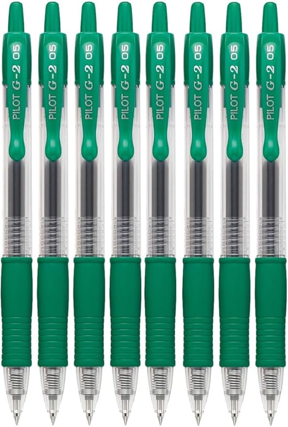 G2 Retractable Premium Gel Ink Roller Ball Pens Extra Fine Point (.5mm) Green Ink 8 pack; Refillable & Premium Comfort Grip Bundle with Plastic Reusable Pouch