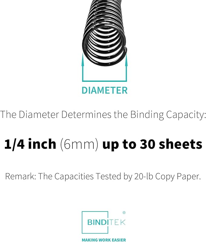 Binditek 200 Pack Plastic Spiral Binding Coils, 6mm(1/4"), 30 Sheet Capacity, 4:1 Pitch, Black, 48Loops, for Letter Size, for Students and Coworkers