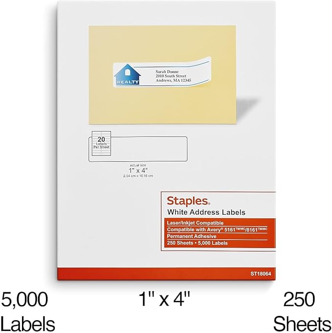Staples® White Inkjet/Laser Address Labels 1" X 4", 5,000/Box