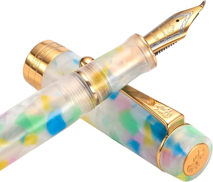 Jinhao 100 Fountain Pen Celluloid Classic Style, #6 Nib Smooth Writing Instrument with Refillable Converter and Pen Case Set