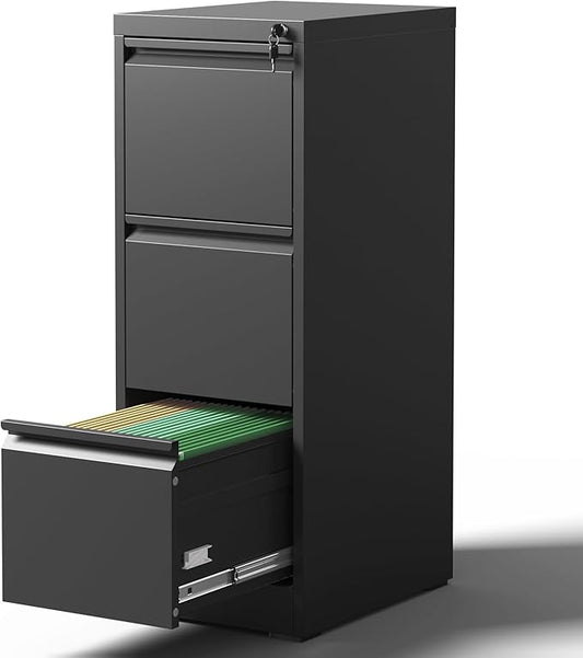 3 Drawer File Cabinet with Lock, Vertical File Cabinet with Lock, Locking File Cabinet Hanging Files for A4/ Legal/Letter, Require Assembly, Black