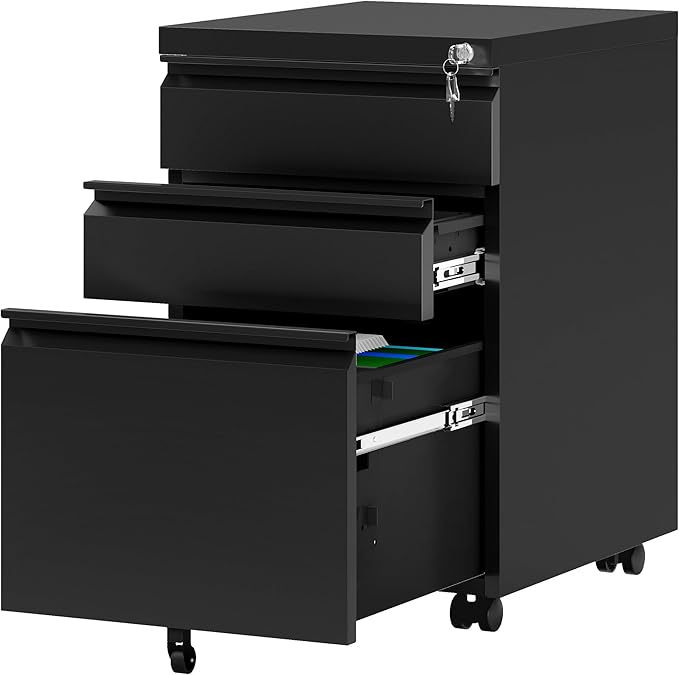 YITAHOME 3 Drawer File Cabinet with Lock, 20” Deep Office Vertical Files, Mobile Metal Filing Cabinet, Metal Vertical Filing Storage Cabinet for Letters/Legal/A4 Size，Black