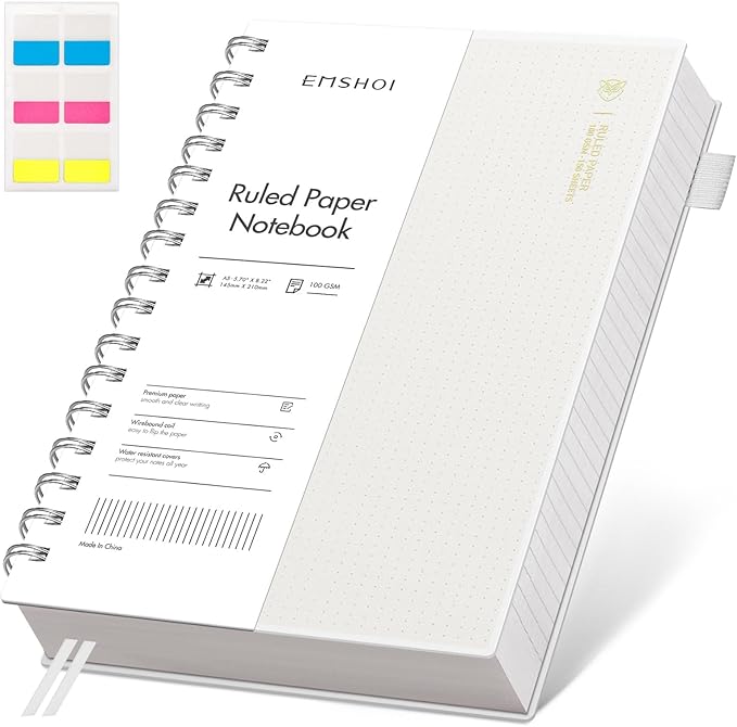 EMSHOI Lined Spiral Journal Notebook, A5 College Ruled Notebook, 300 Pages/150 Sheets, 100gsm Acid-Free Paper, Waterproof Softcover Notebook for School, Work, Note Taking, 5.7" × 8.22" - Transparent