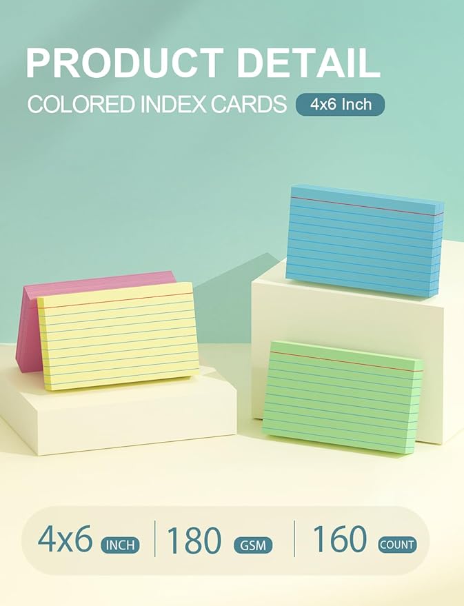 Colored Index Cards 4x6 Inch - 160 Pack, Ruled Index Flash Cards for Studying, Lined Index Note Cards 4 x 6 with Colorful, Heavy Colored Flashcards 4x6 Notecards for Office, Home and School Supplies