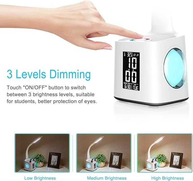 LED Desk Lamp with Clock,Color Changing Nightlight,Study Lamp with Pen Holder,Desk Light with USB Charger,Table Light for Home,Office,Bedroom,Gift for Kids,Students,Women,White