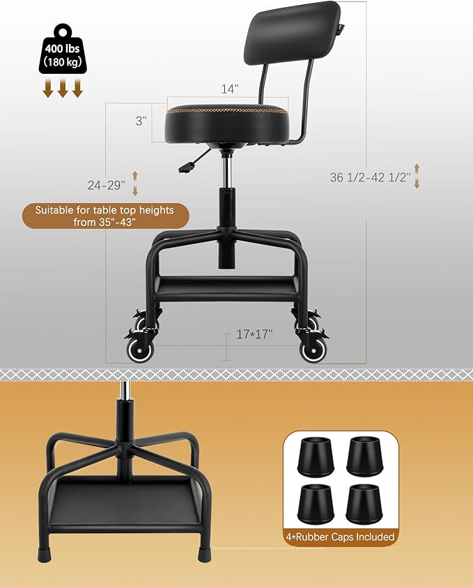 Shop Stool with Lockable Rubber Wheels Adjustable Backrest Tool Tray Storage 400 lb Capacity Rolling Garage Stool (Black)