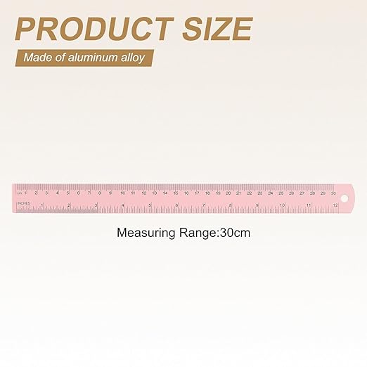 HARFINGTON 6pcs Metal Straight Ruler 30cm Metric SAE Aluminum Alloy Measuring Rulers Scale Tool with Hole for Measure Study Reading Classroom Office, Pink