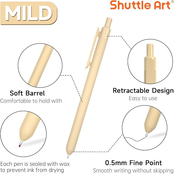 Shuttle Art Retractable Mild Gel Ink Pens - 22 Pack, Black Ink, Cute Fine Point Pens for Writing, Journaling & Notes