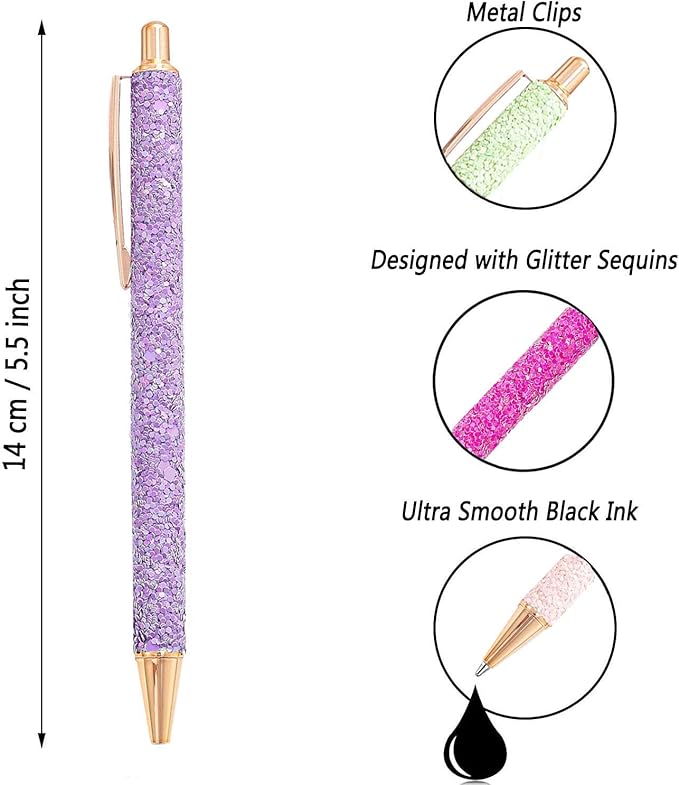 9 Pcs Fancy Pens for Women Glitter Colorful Ballpoint Pens Metal Retractable Pens Black Ink Medium Point 1.0 mm Pretty Cute Sequins Pens Journaling Pens for Women Girls (Fresh style)