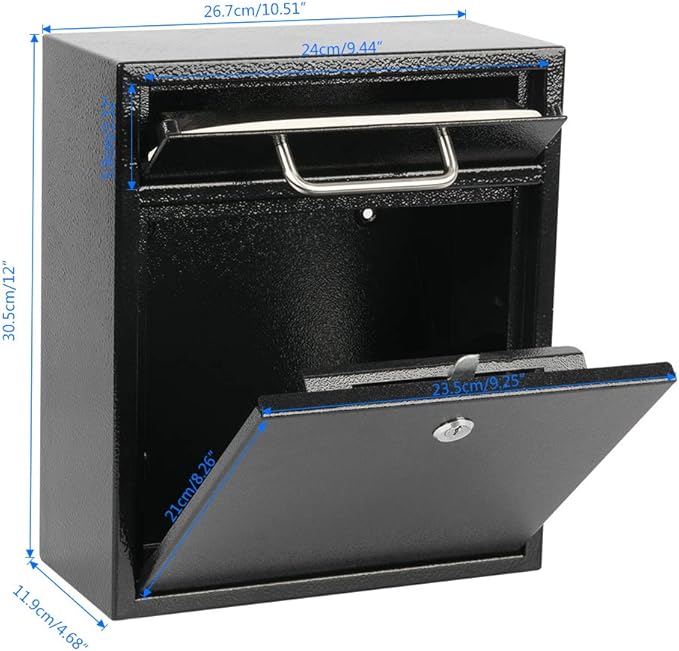 KYODOLED Steel Key Lock Mail Boxes for Outside, Locking Wall Mount Mailbox, Security Key Drop Box,12H x 10.51L x 4.68W Inches, Black Large