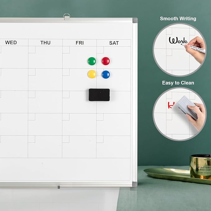 Comix Magnetic Dry Erase Calendar Whiteboard, 36 x 24 Inches Monthly Calendar Dry Erase Board for Wall, Aluminum Frame Planner White Board with Dry Erase Markers, Eraser, Magnets
