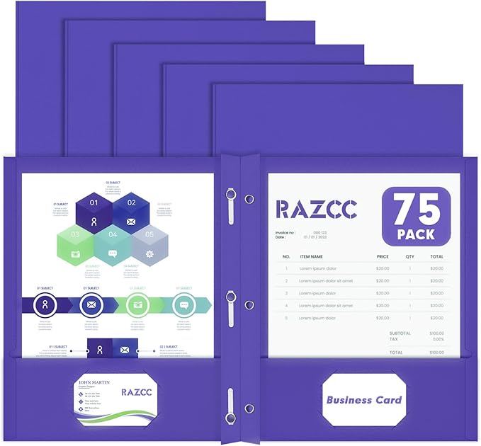 Two Pocket Folders, RAZCC 75 Pack Two Pocket Folders with Prongs, 3 Prong Folders Fit Letter Size Paper, Pocket File Folders for School Office Home Business, Purple