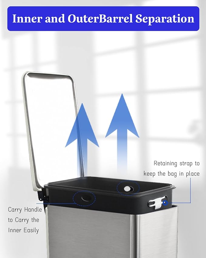 Rubbish Bin with Lid, 10 L, Stainless Steel Waste Bin, Bathroom, Pedal Bin, Stainless Steel for Bathroom, Bedroom and Office