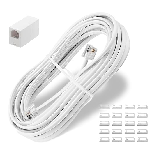 Uvital 25 Feet Phone Line Cord, RJ11 Phone Cable with 20pcs Cable Clips, Landline Telephone Wire and Coupler for Modem, Fax Machine - White