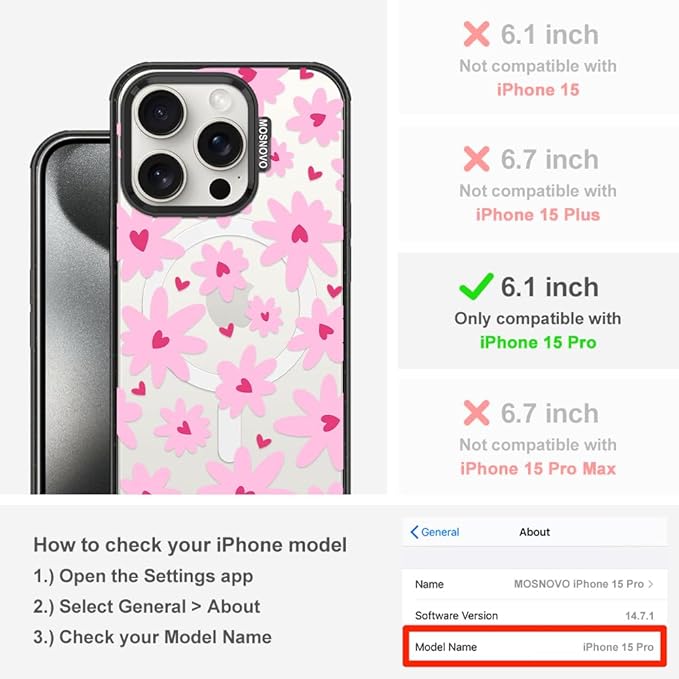 MOSNOVO Magnetic Case for iPhone 15 Pro, 10ft Military-Grade Protection, Compatible with Magsafe, Shockproof Phone Case for iPhone 15 Pro - Love in Bloom - Clear Black
