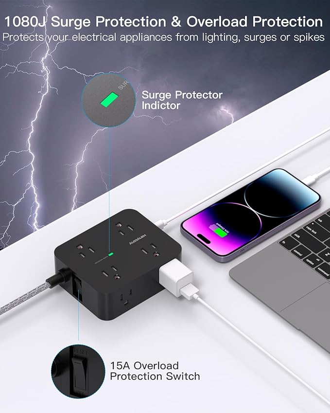Extension Cord 6 Feet, Surge Protector Power Strip Long Cord with 8 Outlets 4 USB Ports(2 USB C), Wall Mount, 1080J Surge Protection, Desk Charging Station for for Home, Office, Dorm Room Essentials