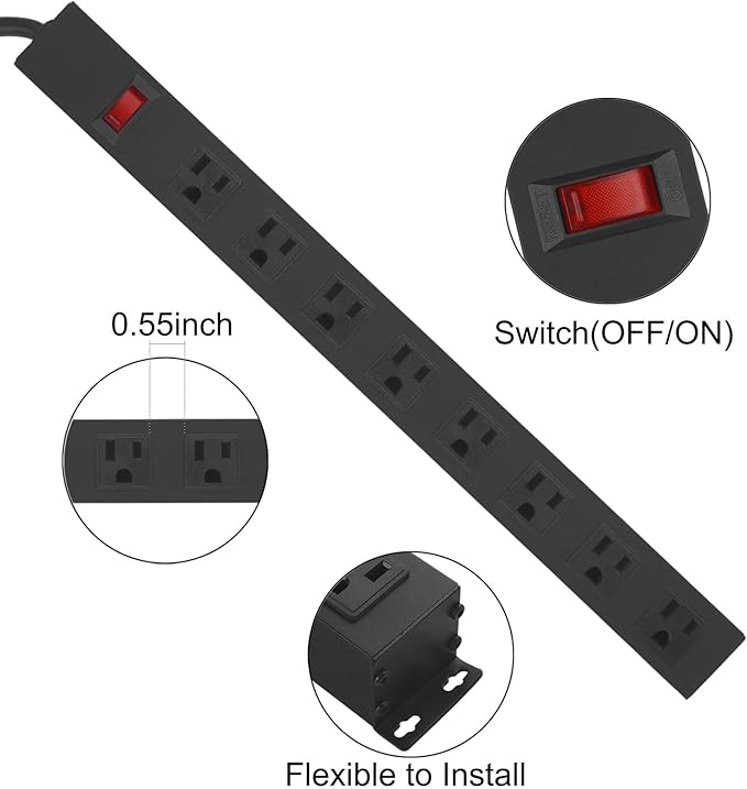 4Pack Metal 8 Outlet Mountable Power Strip, Wall Mount Outlet Heavy Duty, Wide Spaced Commercial Shop Power Strip with Switch, 6 FT Power Cord.