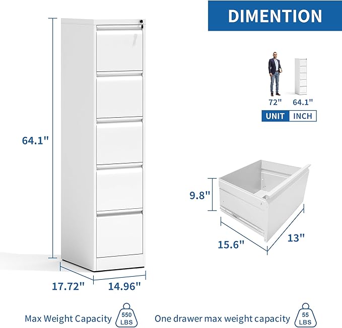 5 Drawer File Cabinet with Lock, Vertical Filing Cabinets for Home Office, Locking File Cabinet Hanging Files for A4/ Legal/Letter, Require Assembly, White